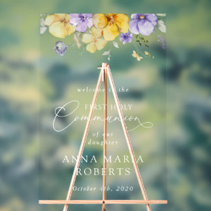 Señal Acrílica Flores Purpura y Amarillas, Bienvenida a la Primer