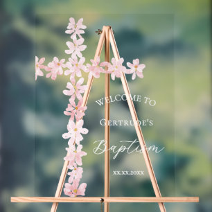Señal Acrílica flores rosadas de bautizo cruz de bienvenida letre
