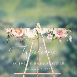 Señal Acrílica Flores rosas, flores blancas, bienvenida a Baby Sh