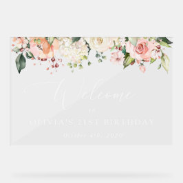 Señal Acrílica Flores rosas, flores blancas, bienvenida al cumple