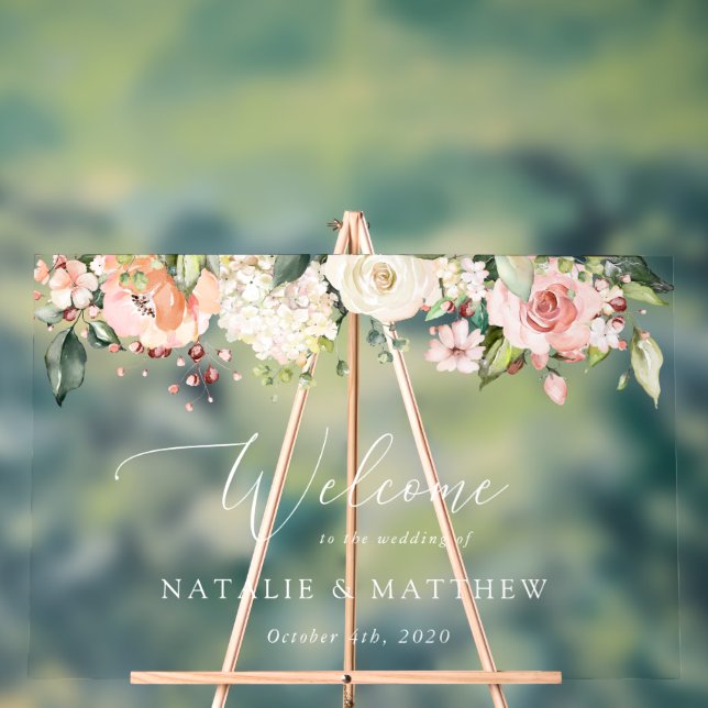 Señal Acrílica Flores rosas, flores blancas, boho, bienvenida Bod (Neutral )