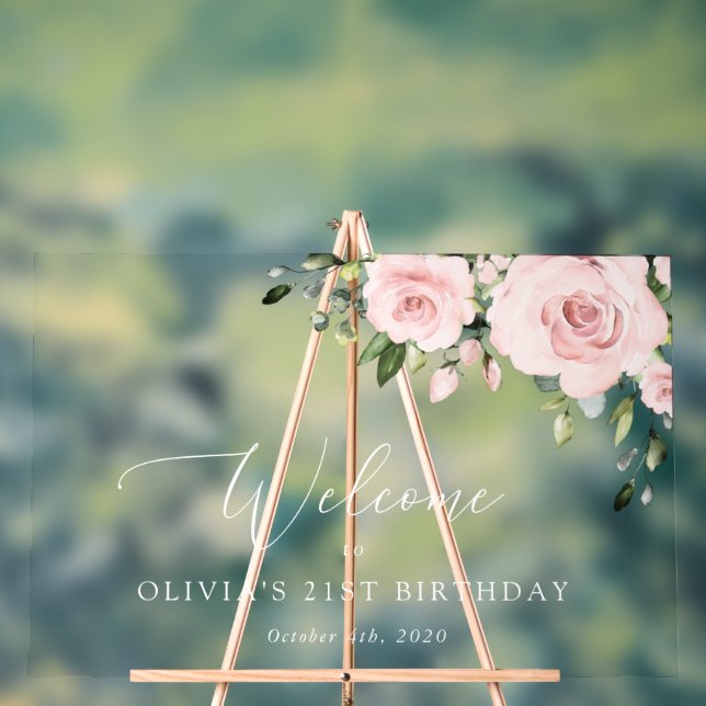 Señal Acrílica Flores Rubor, flores rosas, bienvenida por el cump (Neutral )