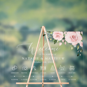 Señal Acrílica Flores Rubor, flores rosas, línea de tiempo Boda