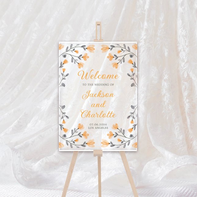 Señal Acrílica Flores salvajes amarillas boda Bienvenida transpar (Wedding Yellow Wildflowers Transparent Welcome Acrylic Sign
)