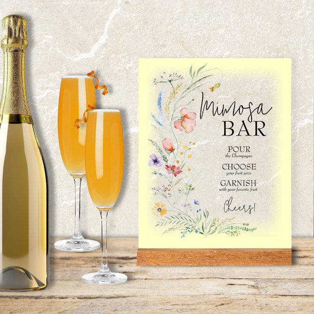 Señal Acrílica Flores salvajes Ducha de novia Mimosa Bar (Wildflowers Bridal Shower Mimosa Bar Clear Acrylic Sign with yellow border)
