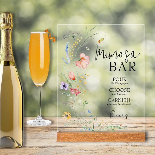 Señal Acrílica Flores salvajes Ducha de novia Mimosa Bar (Wildflowers Bridal Shower Mimosa Bar Acrylic Sign)