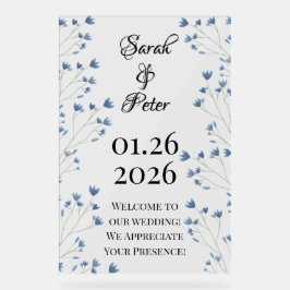 Señal Acrílica Flores Silvestres Aquarela Azul Boda Romántica