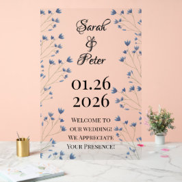 Señal Acrílica Flores Silvestres Aquarela Azul Boda Romántica