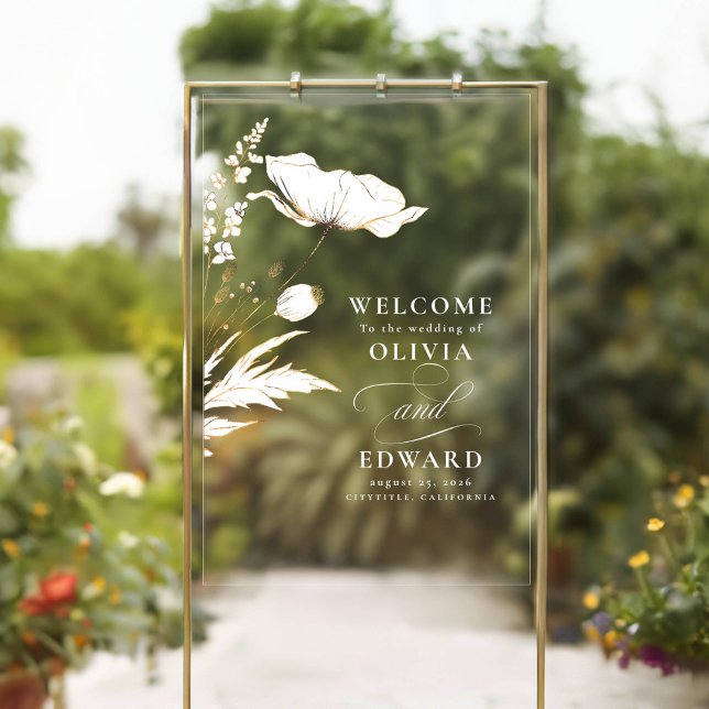 Señal Acrílica Flores silvestres dibujadas a mano Moderna Elegant (Wildflowers Drawing Wedding Welcome Clear Sign)