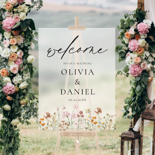 Señal Acrílica Flores Silvestres Letra Moderna para Boda de Bienv