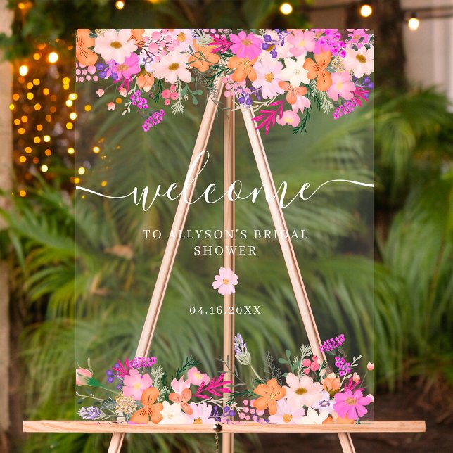 Señal Acrílica Flores silvestres románticas pastel primavera bien (Romantic pastel wild flowers spring welcome acrylic sign)