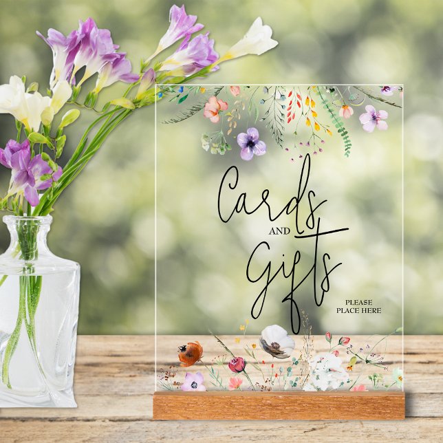 Señal Acrílica Flores silvestres, tarjetas de ducha para novias y (Wildflowers bridal shower Cards and Gifts tabletop acrylic sign)