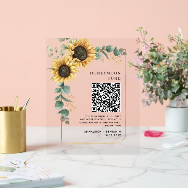 Señal Acrílica Fondo de luna de miel floral Eucalyptus Fondo QR C (Boda)