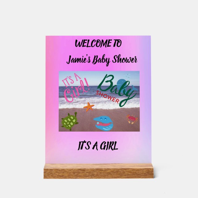Señal Acrílica Fondo rosado Baby Shower de las criaturas marinas (Anverso)