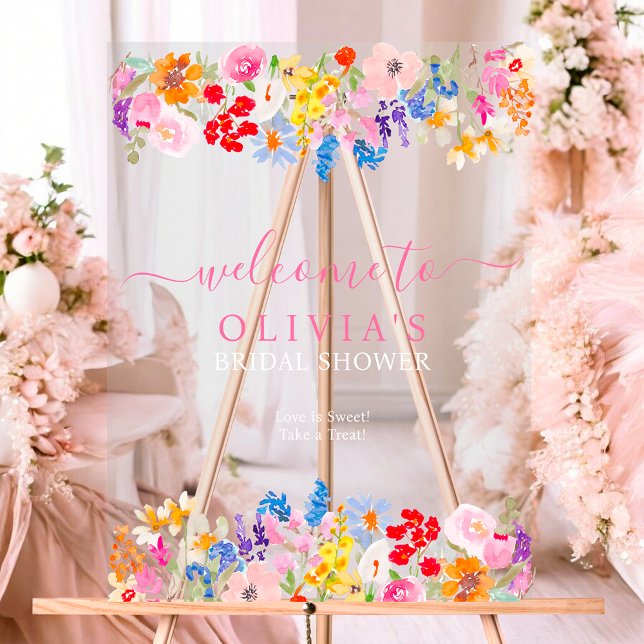 Señal Acrílica Fórmula moderna de flores silvestres de jardín par (Modern garden wildflowers script bridal welcome acrylic sign)