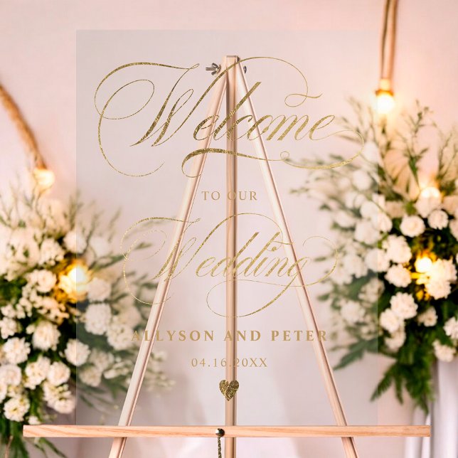 Señal Acrílica Foto caligrafía moda boda de oro bienvenida (Photo calligraphy chic gold wedding welcome acrylic sign)