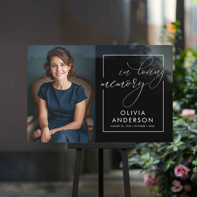 Señal Acrílica Foto de amor Bienvenida al funeral (In Loving Memory Black Horizontal Funeral Photo Sign)