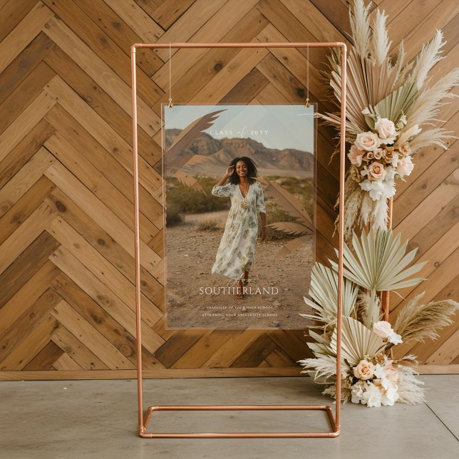 Señal Acrílica Foto de graduación de Palm Tree Tropical Boho Retr (Boho Retro Tropical Palm Tree Graduation Photo Acrylic Sign)
