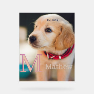 Señal Acrílica foto de perro mascota monograma de nombre año est