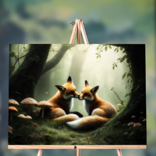Señal Acrílica Fox Cuddle en un bosque polvoriento