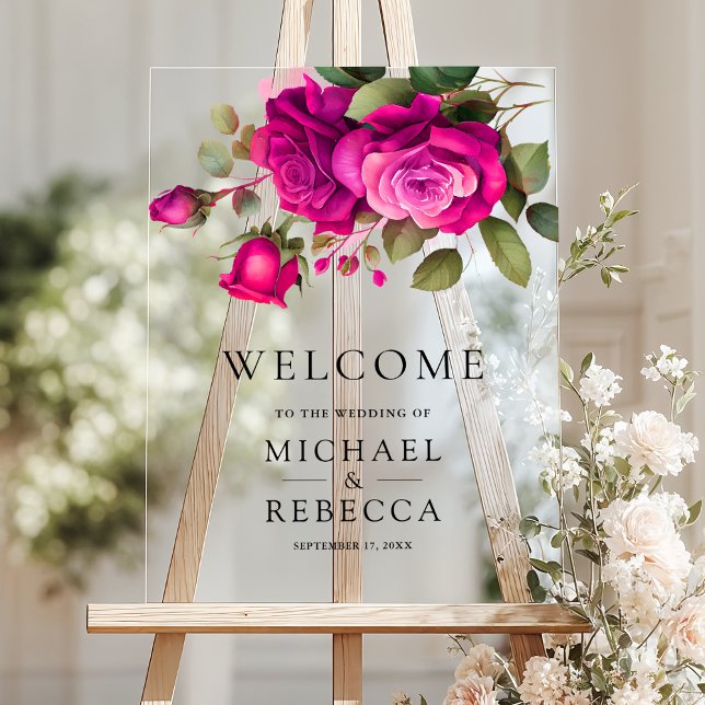 Señal Acrílica Fuchsia Hot Pink Roses Wedding Welcome (Subido por el creador)