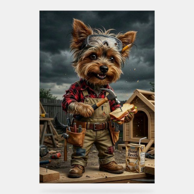 Señal Acrílica Funny Yorkie Construction Worker Poster – Playful  (Anverso)
