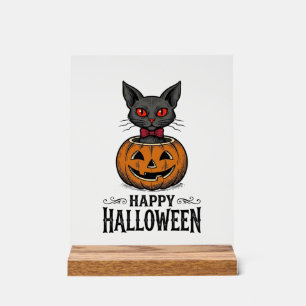 Señal Acrílica Gato de Halloween Lindo Calabacín Vintage Espeluzn