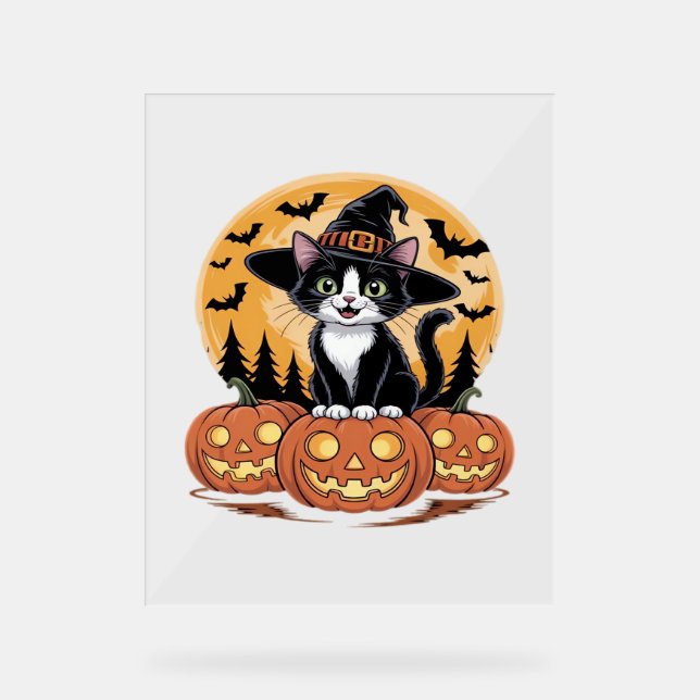 Señal Acrílica Gato esmoquin Halloween Bruja Calabazas Lindas Ese (Anverso)