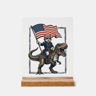 Señal Acrílica Gato Patriótico Montando Dinosaurio Diseño Vector 