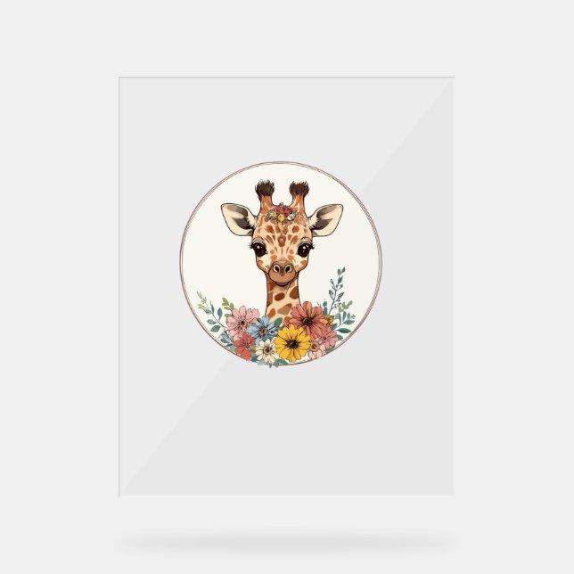 Señal Acrílica Girafa Adorable Con Flores (Anverso)