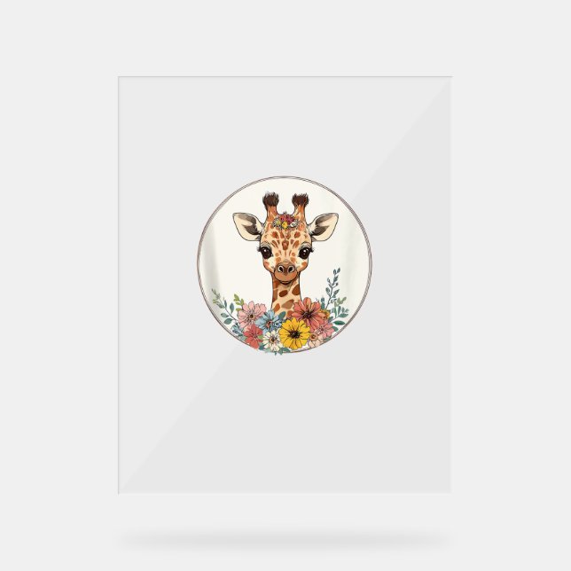 Señal Acrílica Girafa Adorable Con Flores (Anverso)