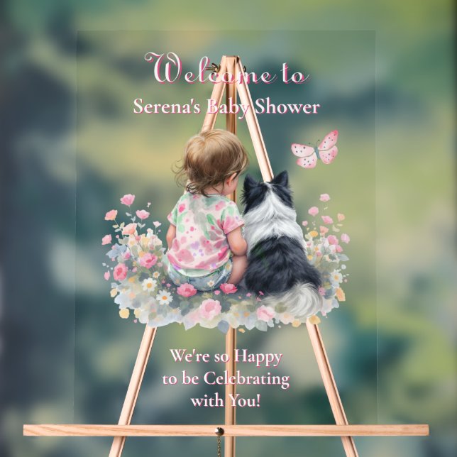 Señal Acrílica Girl's Pink Baby Shower Dog Themed Welcome (Neutral )