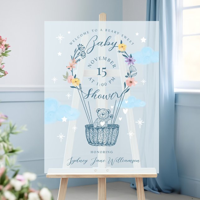 Señal Acrílica Globo de aire floral Teddy Bear Azul Baby Shower (Floral Air Balloon Teddy Bear Blue Baby Shower Acrylic Sign)