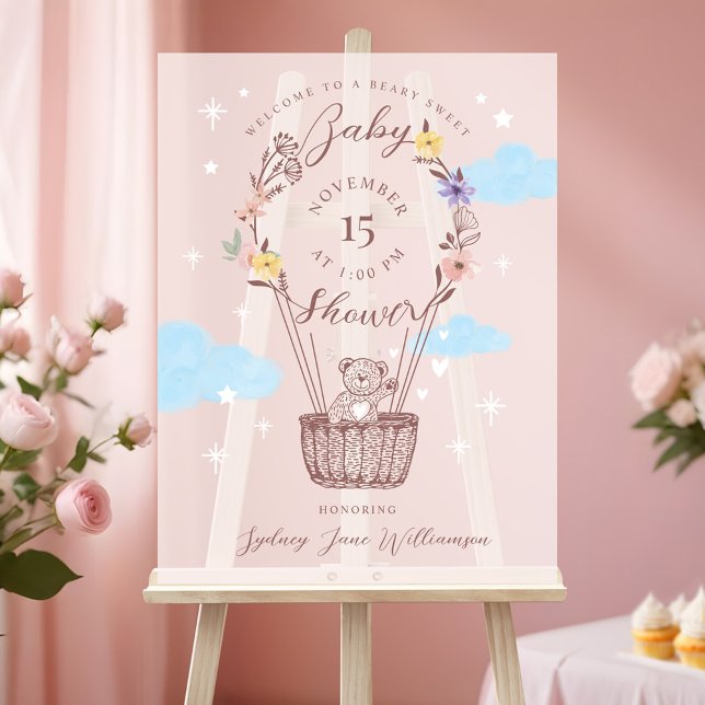 Señal Acrílica Globo de aire floral Teddy Bear Baby Shower rosa (Floral Air Balloon Teddy Bear Pink Baby Shower Acrylic Sign)