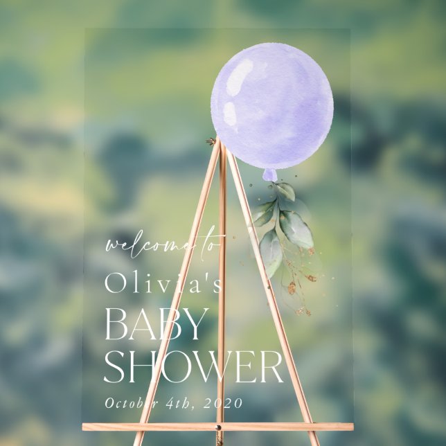 Señal Acrílica Globo morado, eucalipto, bienvenida Baby Shower (Neutral )