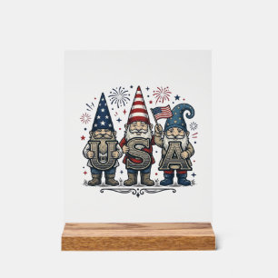 Señal Acrílica Gnomo Patriótico USA Camiseta Vintage Cuatro de Ju