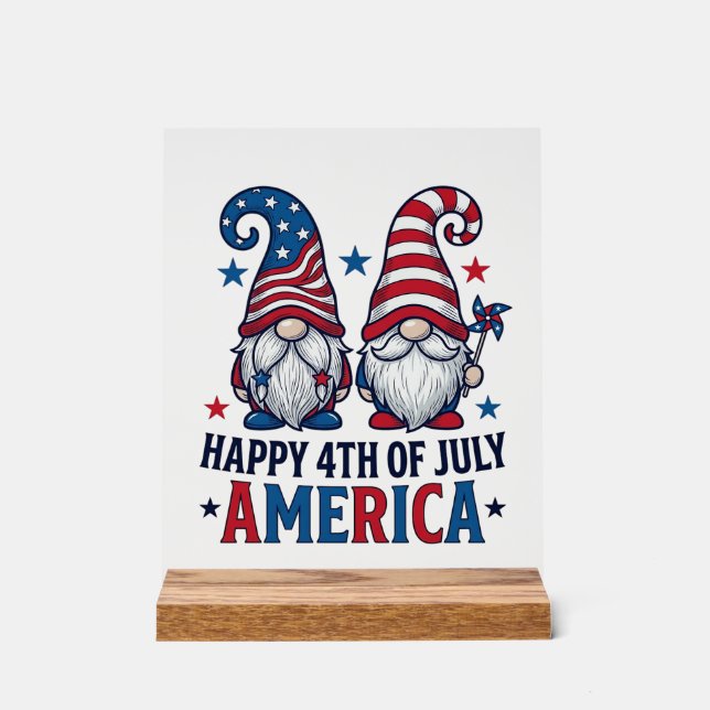 Señal Acrílica Gnomos Patrióticos Feliz 4 de Julio Camiseta Améri (Anverso)