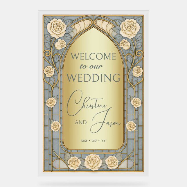Señal Acrílica Gold Blue Stained Glass Floral Wedding Welcome  (Anverso)
