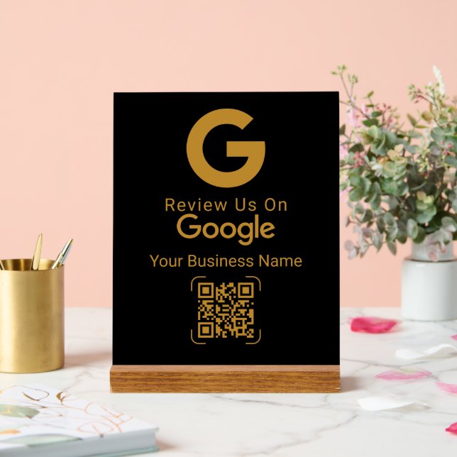 Señal Acrílica Gold Google Review QR Code Black (Boda)