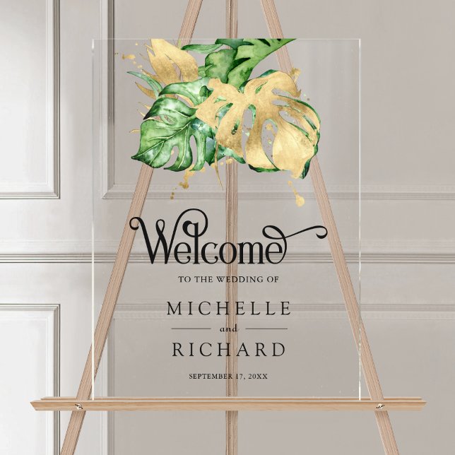 Señal Acrílica Gold Monstera Tropical Palm Wedding Welcome (Subido por el creador)