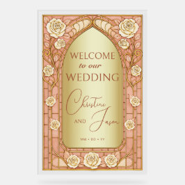 Señal Acrílica Gold Pink Stained Glass Floral Wedding Welcome 