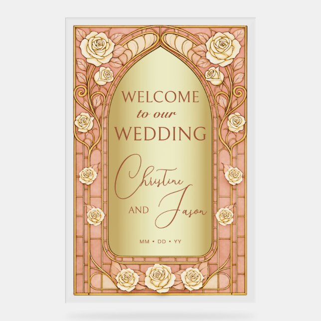 Señal Acrílica Gold Pink Stained Glass Floral Wedding Welcome  (Anverso)
