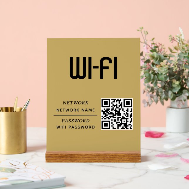 Señal Acrílica Gold QR Code Wifi Network Name & Password  (Boda)