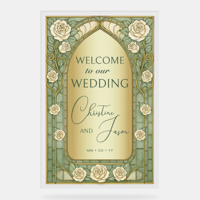 Señal Acrílica Gold Sage Stained Glass Floral Wedding Welcome  (Anverso)