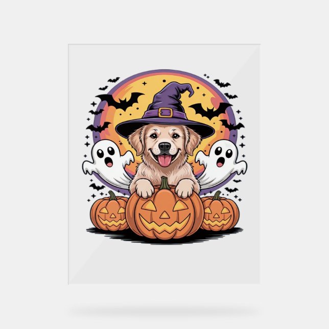 Señal Acrílica Golden Retriever Halloween Witch Dog Classic T-Shi (Anverso)