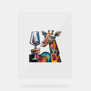 Señal Acrílica Graciosa Girafa Colorida Bebiendo Cubismo De Vino