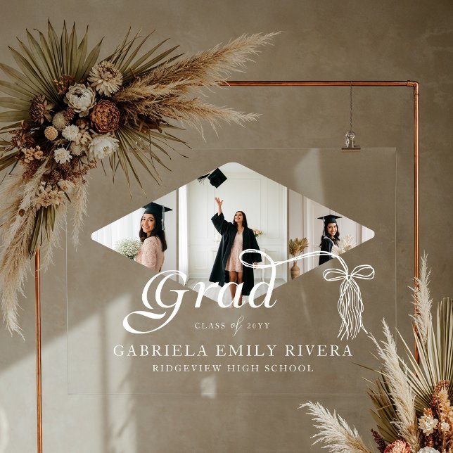 Señal Acrílica Graduación del Collage de fotos Grad Cap Bow y Tas (Grad Cap Bow & Tassel Photo Collage Graduation Acrylic Sign)