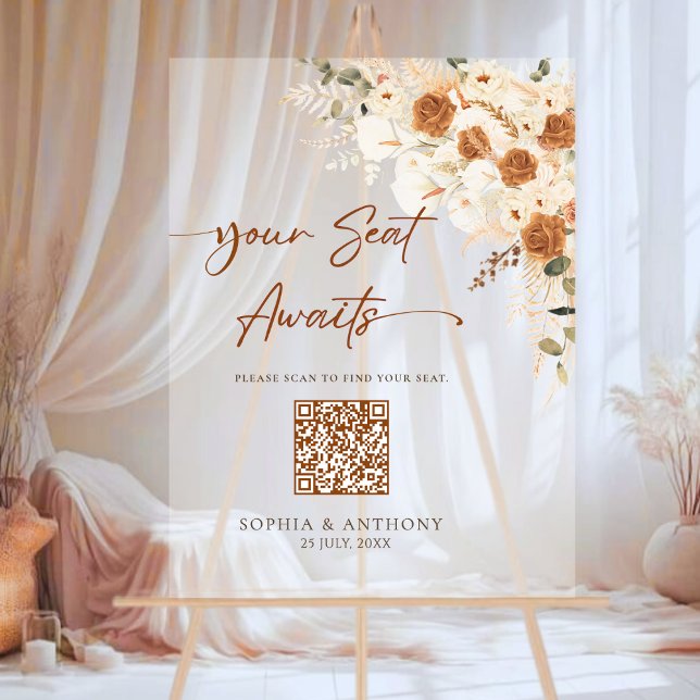 Señal Acrílica Gráfica de asientos del Boda del código QR Boho Ró (Modern Clear Style + QR Convenience.)