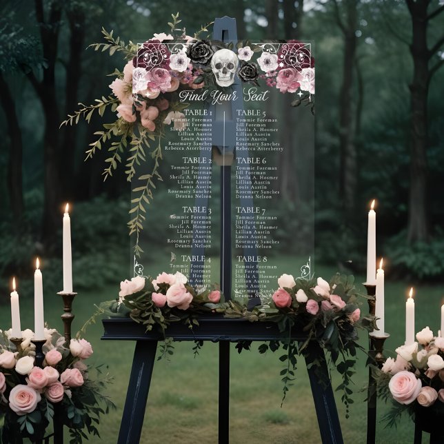 Señal Acrílica Gráfica de asientos del Boda gótico del esqueleto  (Til Death Skeleton Gothic Wedding Seating Chart)