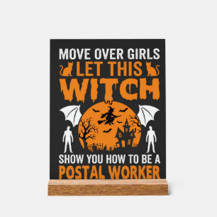 Señal Acrílica Gráfica Divertida de Gato Bruja Trabajadora Postal
